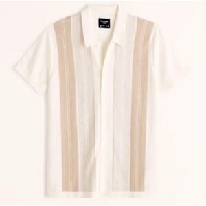 Abercrombie Fitch White Beige Tan Stripe Button Up Knit Polo Collared Shirt XXL